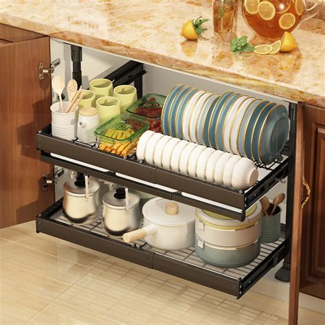 pull-out sliding steel wire cabinet organizer drawer 2 level|kitchen drawer pull out system.